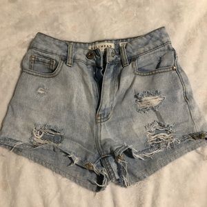 light wash distressed denim mom shorts